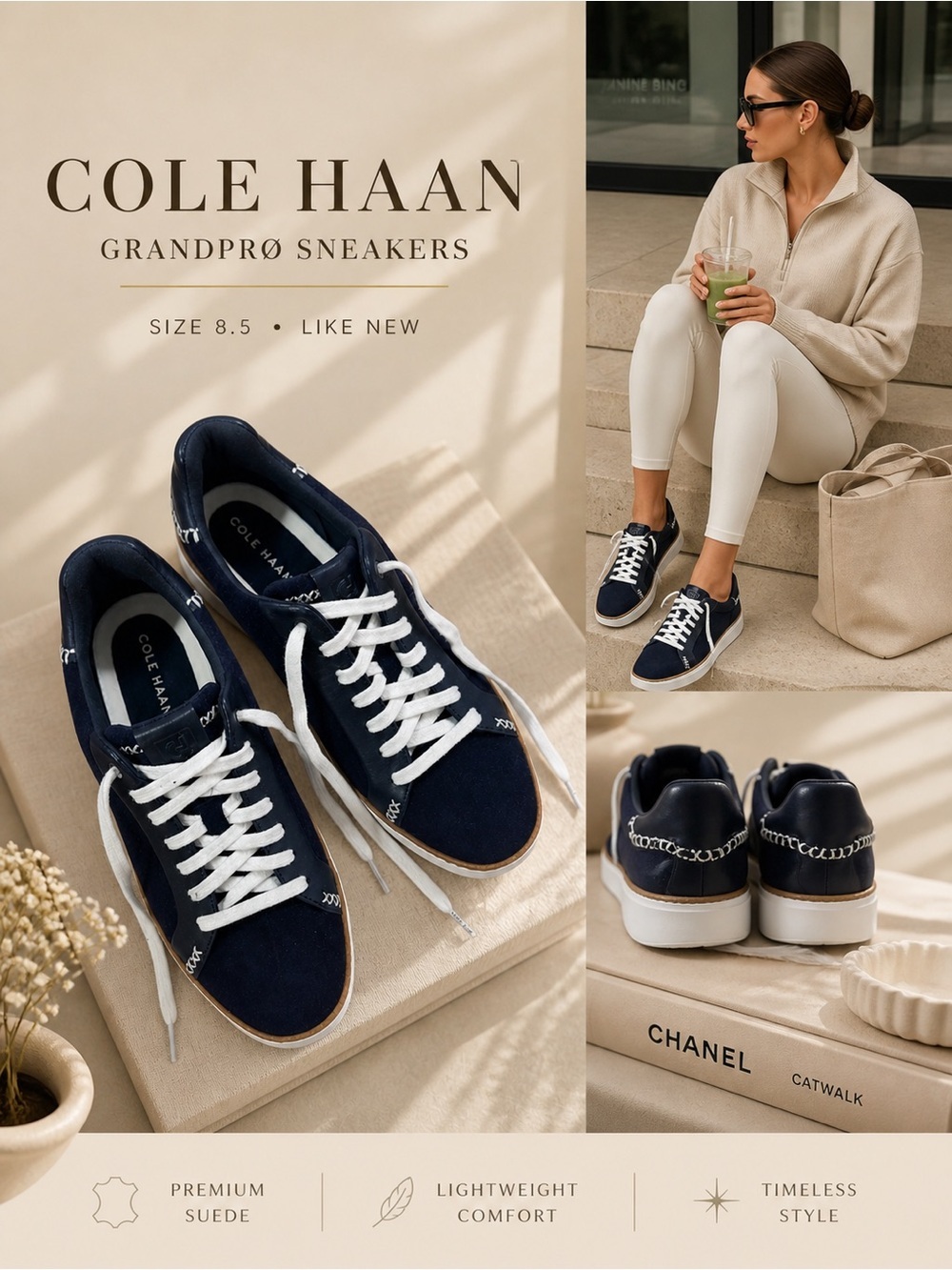 Cole Haan GrandPrø Suede Sneakers Navy Blue Size 8.5 | Like New